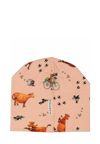 Beige beanie yang terbuat dari kain halus dengan pola sapi, sepeda, dan jejak burung dalam berbagai warna. Label menampilkan nama merek.