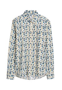 Lange mouw shirt van lichte stof met een bloemenpatroon met blauwe, gele en groene accenten op een witte achtergrond. Klassieke kraag.