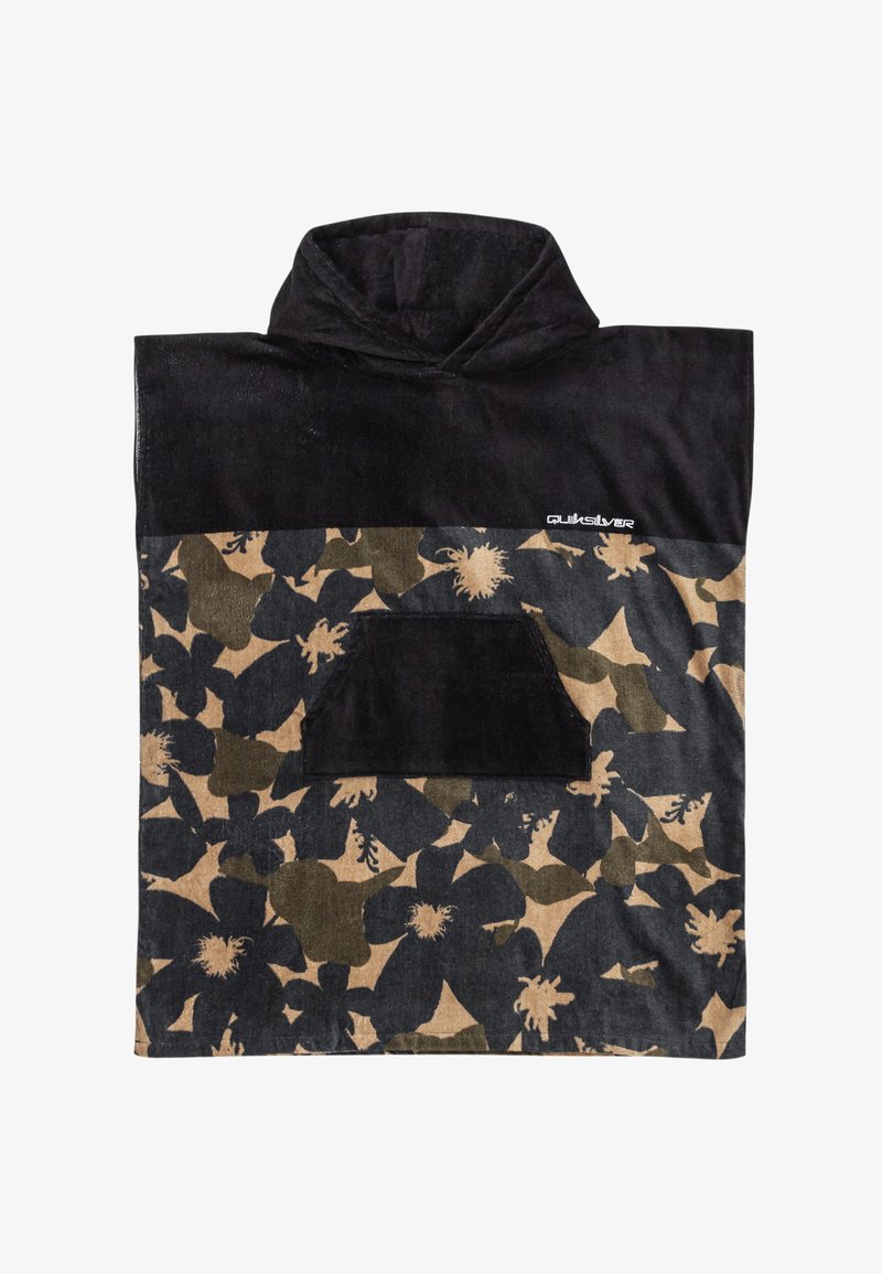 Svart och mönstrad sweatshirt med huva, som har en beige blommönster, texturerad tyg och en framficka.