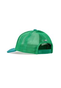 Zelená sieťovaná basebalová čiapka so zeleným pevným brímom. Obsahuje nastaviteľné uzáver na snapback a okrúhly gombík na vrchu.