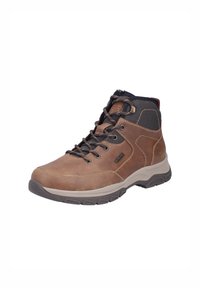 Brown leather hiking boot with a padded collar, mesh accents, thick rubber sole, and metal eyelets for laces. Durable design for outdoor use.