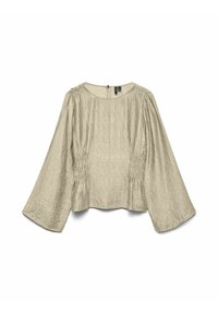 Blusa beige chiaro con maniche lunghe a campana, tessuto strutturato, dettagli arricciati ai lati e chiusura con cerniera sul retro.