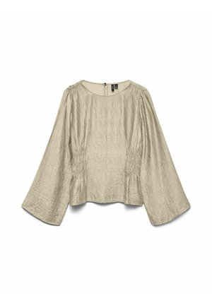 Blouse beige clair avec manches longues en forme de cloche, tissu texturé, détails froncés sur les côtés, et fermeture éclair au dos.