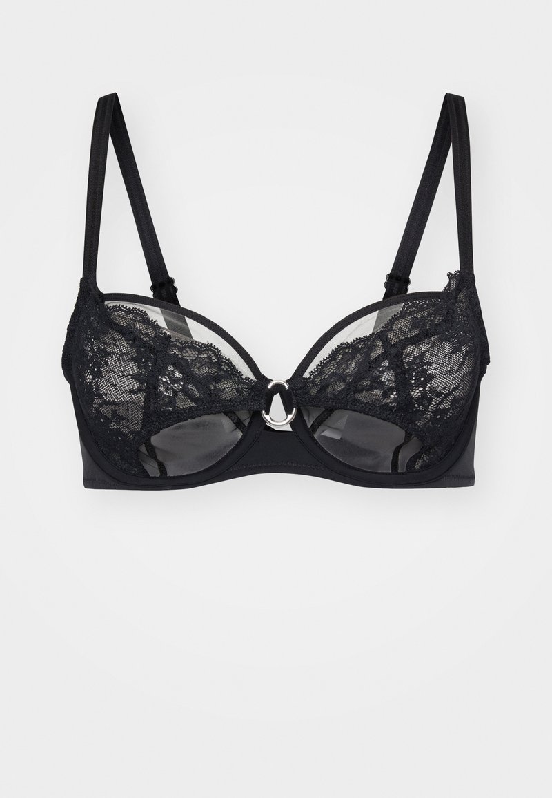 Svart bh i lingerie-stil med transparente kopper og blomstermønster i blonder, justerbare stropper og en metallisk detalj i midten.