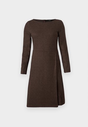 Brown long-sleeve dress with a textured fabric, fitted at the bodice, flaring out at the skirt, featuring a back zipper closure.