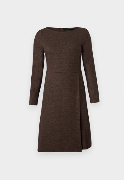 Brown long-sleeve dress with a textured fabric, fitted at the bodice, flaring out at the skirt, featuring a back zipper closure.