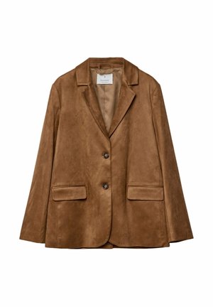 Brown suede blazer with two front pockets, notch lapels, and two-button closure. Smooth texture and structured shape.