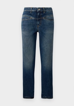 Dark blue denim jeans with a straight cut, featuring light fading, orange stitching, and a button closure at the waist.