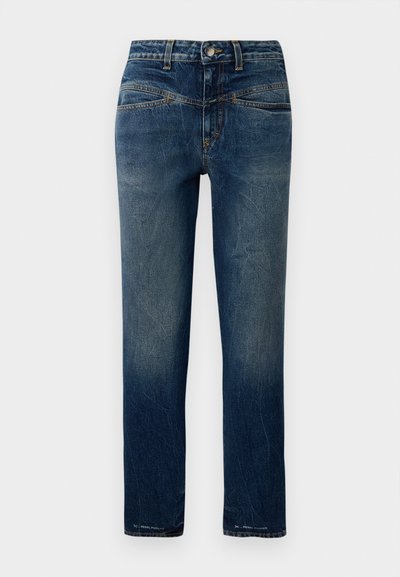 Tumedat sinisema denim-püksid otse lõikega, kerge pleekimisega, oranžade õmblustega ja nööpkinnitusega vöökohtades.