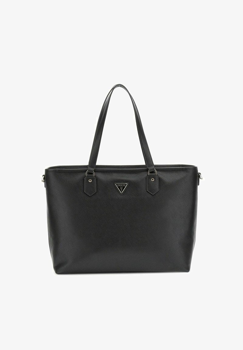 Sac fourre-tout noir avec une texture lisse, doté de deux poignées robustes et d'un logo triangulaire à l'avant. Fermeture supérieure zippée.
