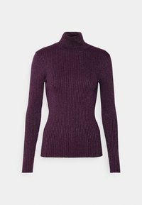 Rolákový svetr s dlouhým rukávem v tmavě fialové barvě s žebrovanou strukturou a jemným leskem. Přiléhavý střih, měkká tkanina a štíhlý silueta.