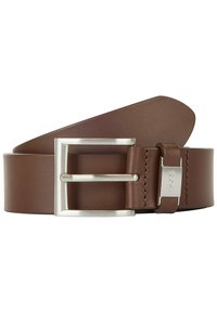 Ceinture en cuir marron au toucher lisse, dotée d'une boucle rectangulaire en argent et d'un accent métallique portant le nom de la marque.