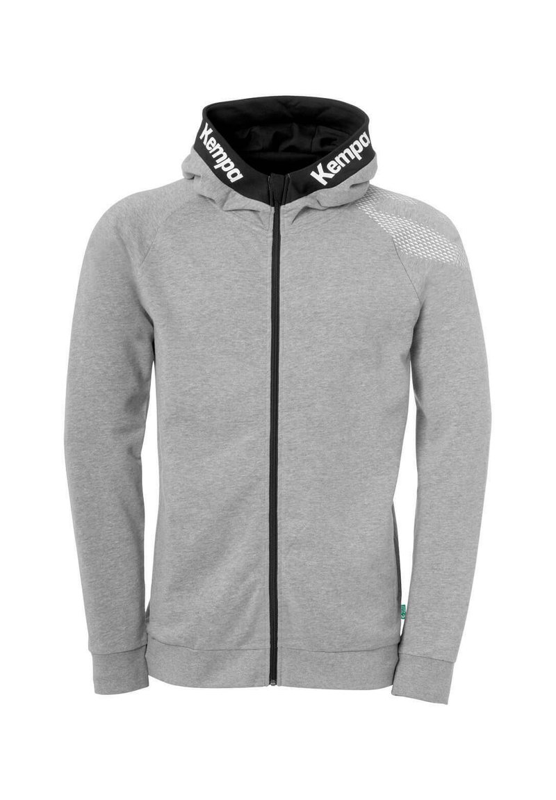 Grå zip-hoodie med sort hætte, med et logo på kraven, teksturerede skulderdetaljer og ribbede manchetter og kant.