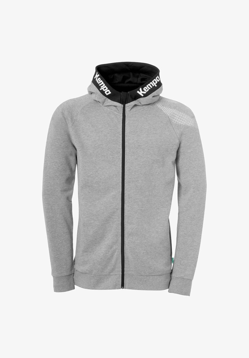Grå zip-hoodie med sort hætte, med et logo på kraven, teksturerede skulderdetaljer og ribbede manchetter og kant.
