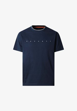 Marineblaues Baumwoll-T-Shirt mit rundem Ausschnitt und einem weißen Aufdruck mit dem Text "HACKETT" auf der Vorderseite, kurzen Ärmeln und schmaler Passform.