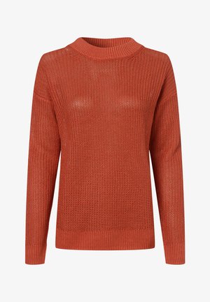 Rust-colored sweater with a high, ribbed neck and long sleeves. Made of textured knit fabric with a loose fit and straight hem.