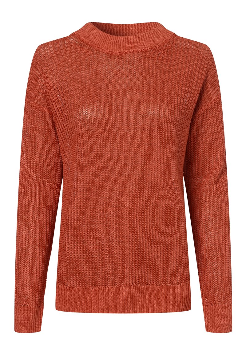 Suéter de color óxido con cuello alto y acanalado, y mangas largas. Fabricado en punto texturizado con un ajuste holgado y dobladillo recto.