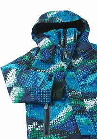 Colorful winter jacket featuring a mix of blue, green, and black patterns. Notable details include a hood, zipper, and textured fabric.