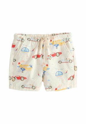 Cream-colored children's shorts with red racecars, blue helicopters, and yellow airplanes printed, featuring an elastic waistband with a drawstring.
