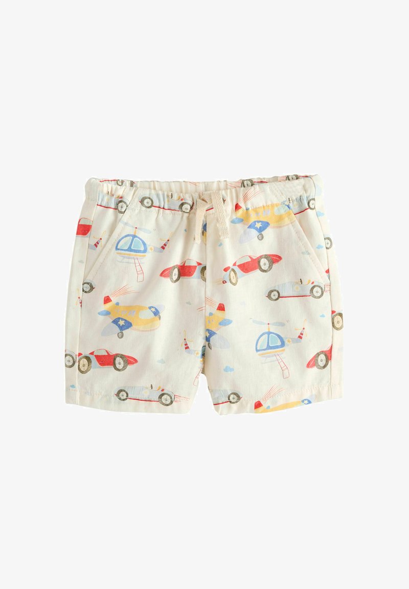 Shorts pour enfants couleur crème imprimés de voitures de course rouges, d'hélicoptères bleus et d'avions jaunes, dotés d'une taille élastique avec un cordon de serrage.