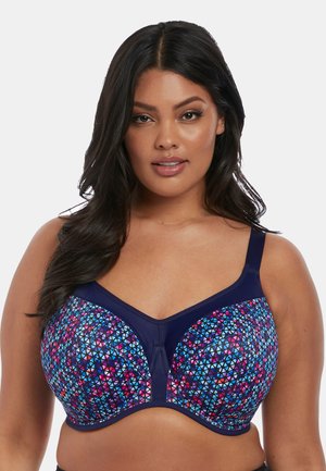 Soutien-gorge avec armatures présentant un motif géométrique en tons vifs de rose, bleu et violet. Caractéristiques d'accents bleu marine et de bretelles ajustables.