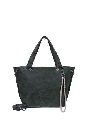 Schwarze Tragetasche aus strukturiertem synthetischem Material. Sie verfügt über zwei robuste Griffe, silberne Hardware-Details und einen abnehmbaren Riemen mit einer Perlenverzierung.