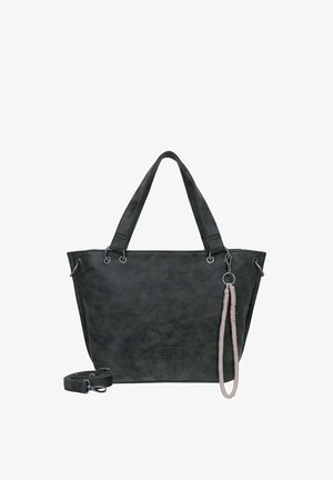 Schwarze Tragetasche aus strukturiertem synthetischem Material. Sie verfügt über zwei robuste Griffe, silberne Hardware-Details und einen abnehmbaren Riemen mit einer Perlenverzierung.