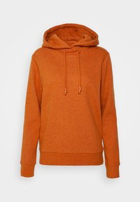 Sudadera con capucha de color óxido anaranjado, de manga larga y con cordones en la capucha, mostrada sobre un fondo blanco liso.
