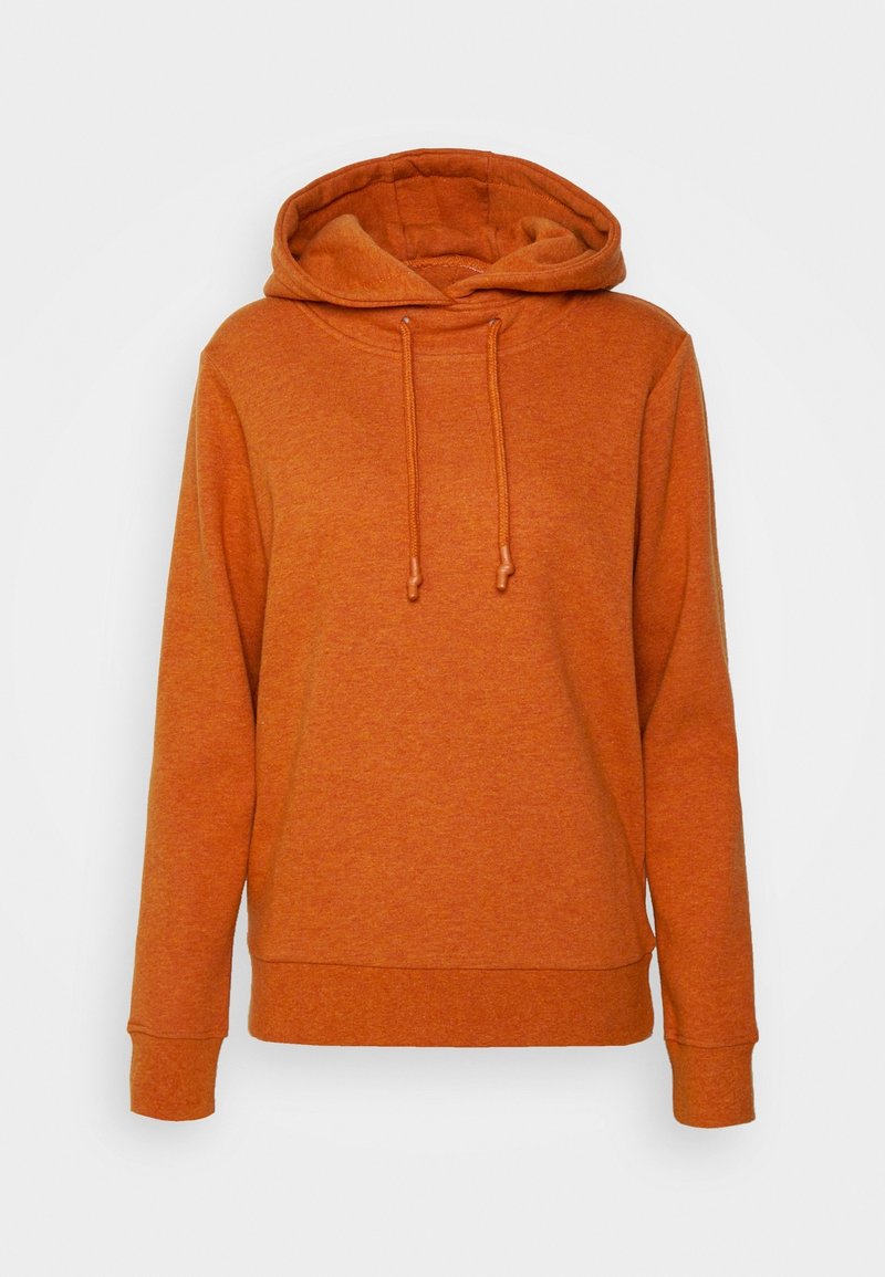 Un hoodie pull-over orange rouillé avec de longues manches et des cordons de serrage sur la capuche, présenté sur un fond blanc uni.