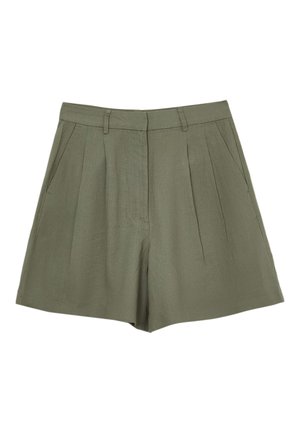 Hooggetailleerde olijfgroene shorts met voorplooien, zijzakken, ceintuurlussen en een verborgen voorsluiting.