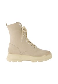 Beige Leder Schnürstiefel mit einer strukturierten Oberfläche, ausgestattet mit Metallösen, flachen Schnürsenkeln und einer dicken, neutralen Gummisohle.
