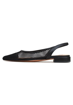Schwarzer Slingback-Flachschuh mit Mesh-Obermaterial, spitzer Zehenpartie, geschlossenem Fersenriemen und niedrigem Blockabsatz, seitlicher Ansicht auf weißem Hintergrund.