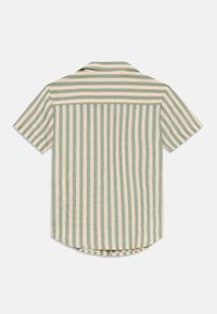 Short-sleeve shirt with light green and beige vertical stripes on back, featuring a horizontal striped yoke across shoulders.