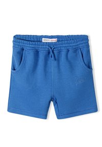Blå bomullsshorts med elastisk midja, två sidofickor och en liten präglad soldesign framtill. Slät textur.