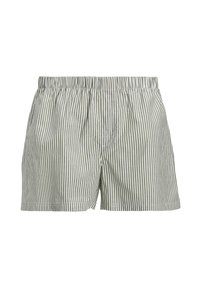 Gestreifte Shorts aus leichtem grünen und beigen Baumwollstoff, ausgestattet mit einem elastischen Bund und seitlichen Taschen. Der Stoff hat eine glatte Textur.