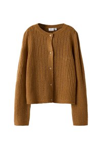Brauner gestrickter Cardigan mit langen Ärmeln, geknöpftem Vorderteil und einer strukturierten vertikalen Streifenmuster.