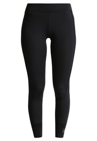 Leggings atletici neri a vita alta con vestibilità slim e polsini alla caviglia, progettati per donne.