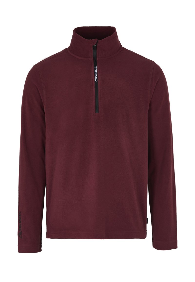 Pull bordeaux en molleton doux, avec un col zippé demi et des manches longues. Logo "POLARTEC" sur la manche gauche.