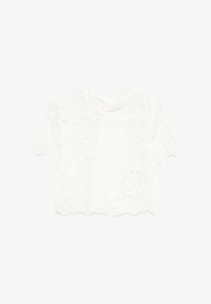 Top corto in pizzo bianco con maniche corte, bordi smerlati e collo alto.