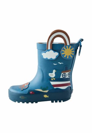 Child's blue rubber rain boot featuring colorful marine-themed designs, including a boat, fish, crab, and octopus. Textured outsole for grip.