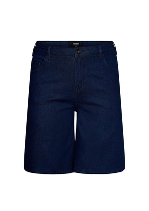 Dunkelblaue Denim-Shorts mit vorderem Knopfverschluss, Gürtelschlaufen und Seitentaschen, vor weißem Hintergrund dargestellt.