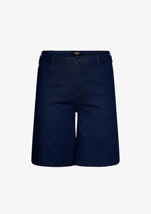 Dunkelblaue Denim-Shorts mit vorderem Knopfverschluss, Gürtelschlaufen und Seitentaschen, vor weißem Hintergrund dargestellt.