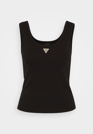 Črn rebrast top brez rokavov z okroglim izrezom in majhnim trikotnim logotipom v srebrnih odtenkih na sprednji sredini. Prilegajoča zasnova.