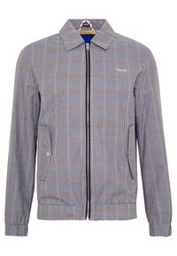 Męska kurtka zapinana na zamek, z drobnym wzorem w kratę w kolorach niebieskim i jasnobrązowym, z elastycznymi mankietami i pasem, dwie boczne kieszenie z klapami na zatrzaski.