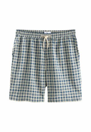 Blaue und weiße karierte Herren-Shorts mit elastischem Bund und weißem Kordelzug, mittlere Oberschenkellänge, Vordertaschen.