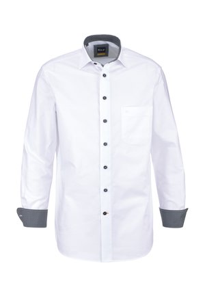 Weißes langärmliges Hemd mit schwarzen Knöpfen, einer Brusttasche und gemustertem schwarz-weißem Innenkragen und Manschetten.