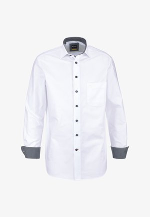 Weißes langärmliges Hemd mit schwarzen Knöpfen, einer Brusttasche und gemustertem schwarz-weißem Innenkragen und Manschetten.