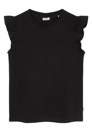 Schwarzes ärmelloses Oberteil mit gerafften Schulterdetails und Rundhalsausschnitt, aus weichem Baumwollstoff gefertigt.