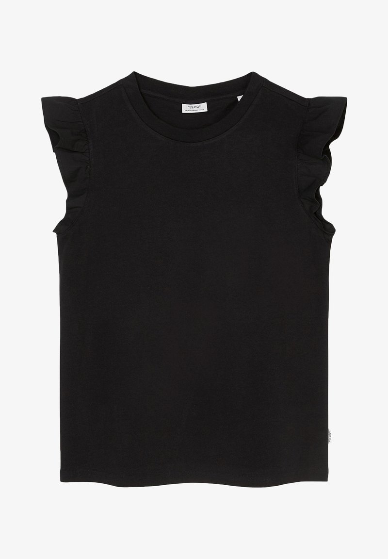 Czarny top bez rękawów z falbankami na ramionach i okrągłym dekoltem, wykonany z miękkiej bawełnianej tkaniny.