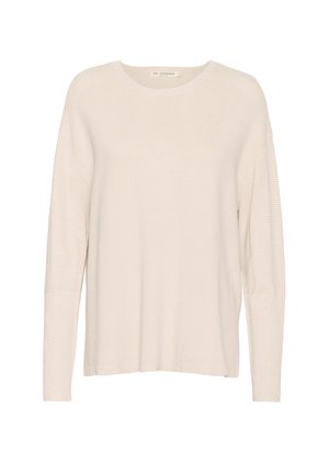 Maglione a maglia beige chiaro con scollatura tonda, maniche lunghe e un motivo a coste testurizzato. Vestibilità casual con cuciture delle spalle scese.